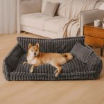 Pet Sofa Bed with Removable Washable Cover - Plush, Grid Pattern All-Season Dog & Cat Bed